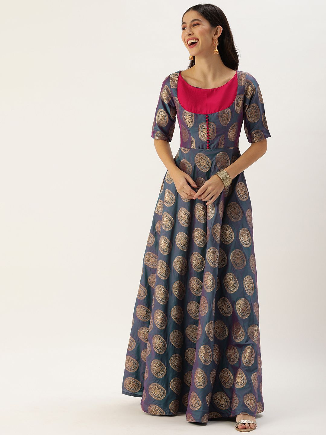 EthnoVogue Navy Blue Made To Measure Ethnic Motifs Ethnic A-Line Maxi Dress Price in India