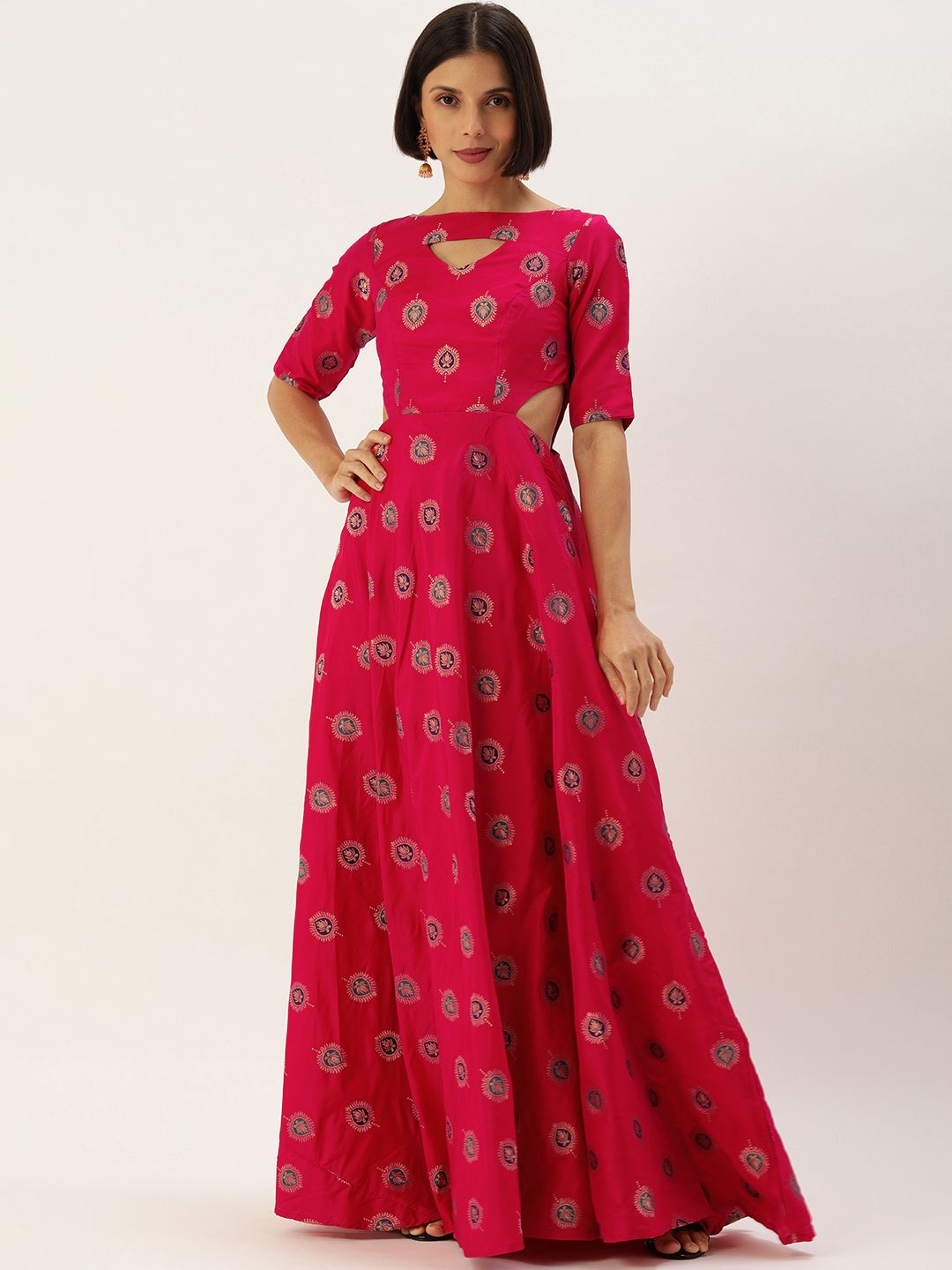 EthnoVogue Pink & Golden Ethnic Motifs Maxi Dress Price in India