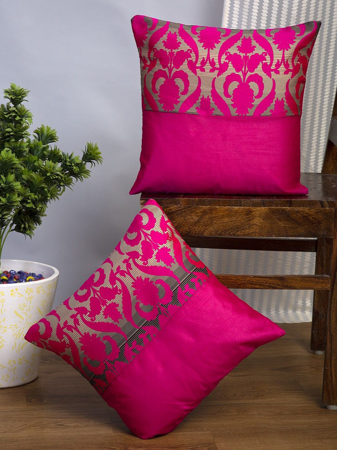 Alina decor Pink & Gold-Toned Set of 2 Ethnic Motifs Square Cushion Covers Price in India