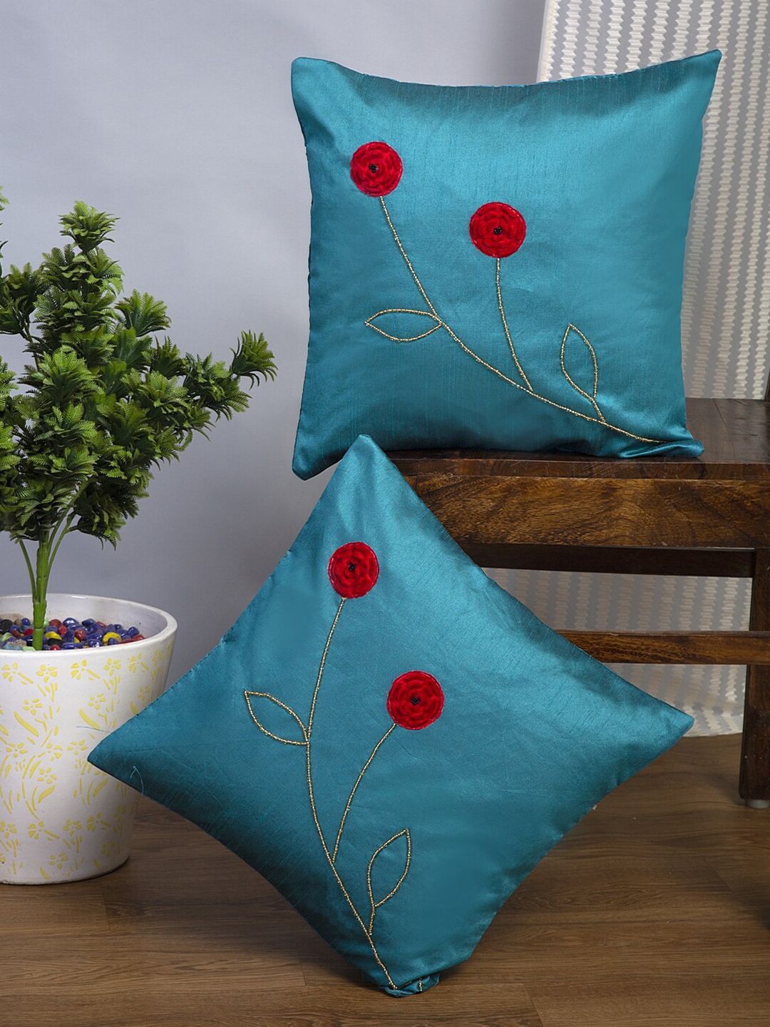 Alina decor Teal & Red Set of 2 Floral Square Cushion Covers Price in India