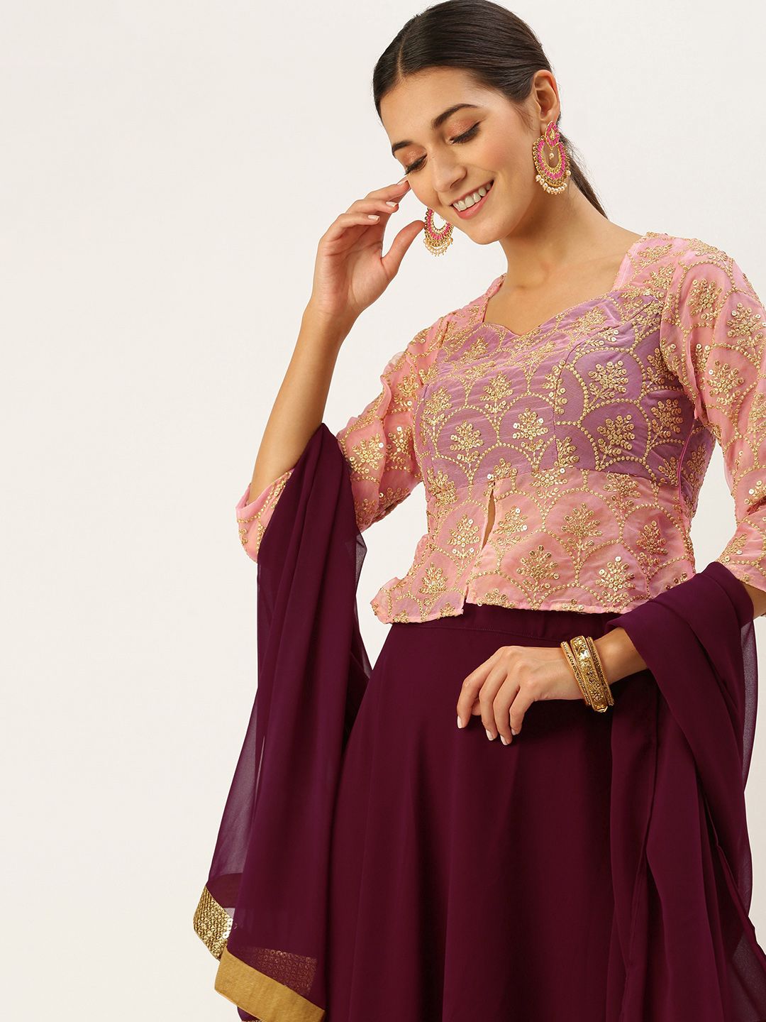 EthnoVogue Pink & Burgundy Sequinned Made to Measure Lehenga & Blouse With Dupatta