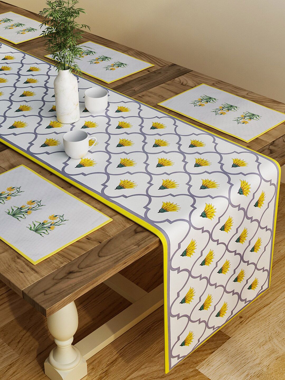 SEJ by Nisha Gupta White & Mustard Set of 7 Table Placemats & Runner Price in India