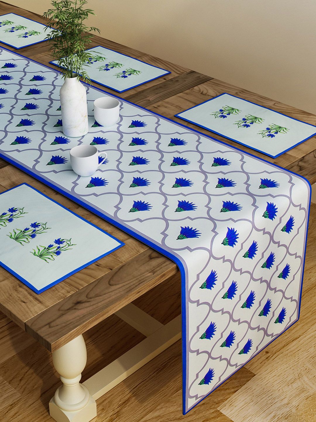 SEJ by Nisha Gupta Set of 6 Blue Printed Cotton Table Placemats and Runner Price in India