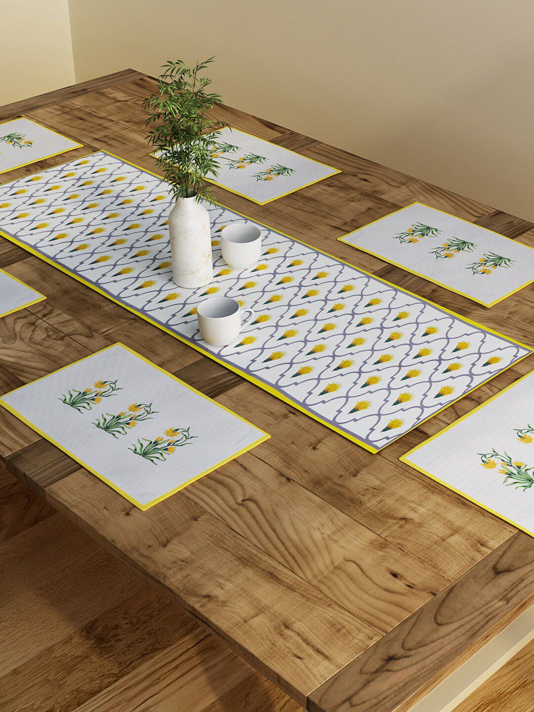 SEJ by Nisha Gupta Set of 6 Mustard Printed Cotton Table Placemats and Runner Price in India