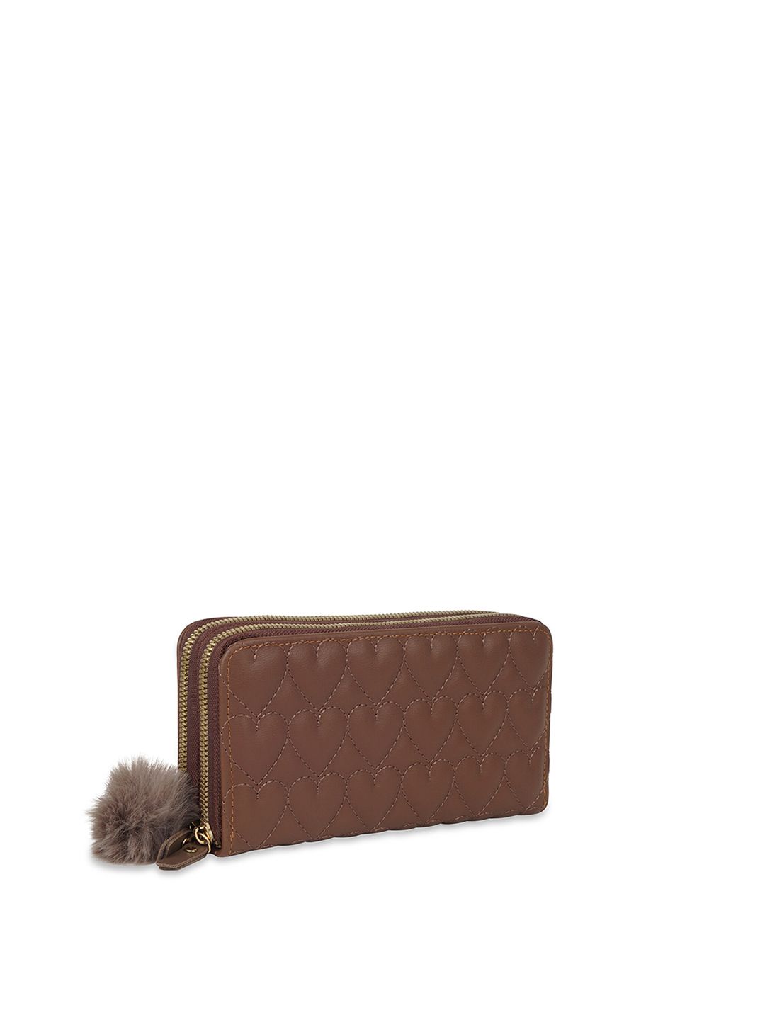Kanvas Katha Women Brown & Gold-Toned Checked Embroidered PU Zip Around Wallet Price in India