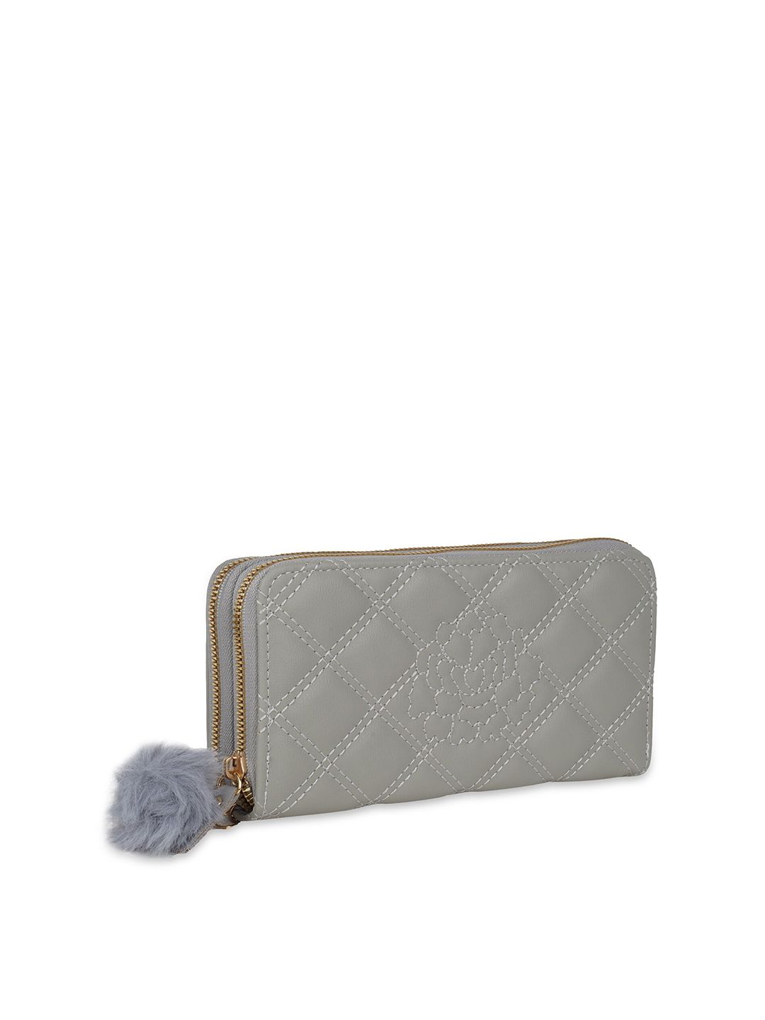 Kanvas Katha Women Grey Textured Embroidered PU Zip Around Wallet Price in India