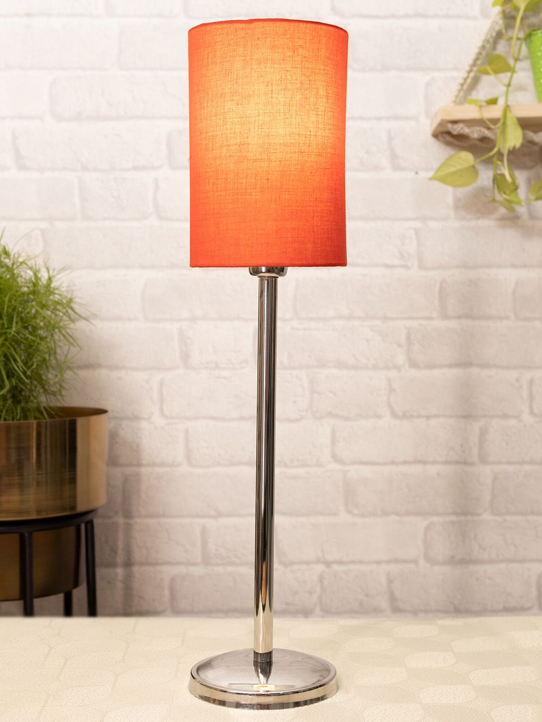 Homesake Red & Silver-Toned Cylindrical Table Lamp Price in India