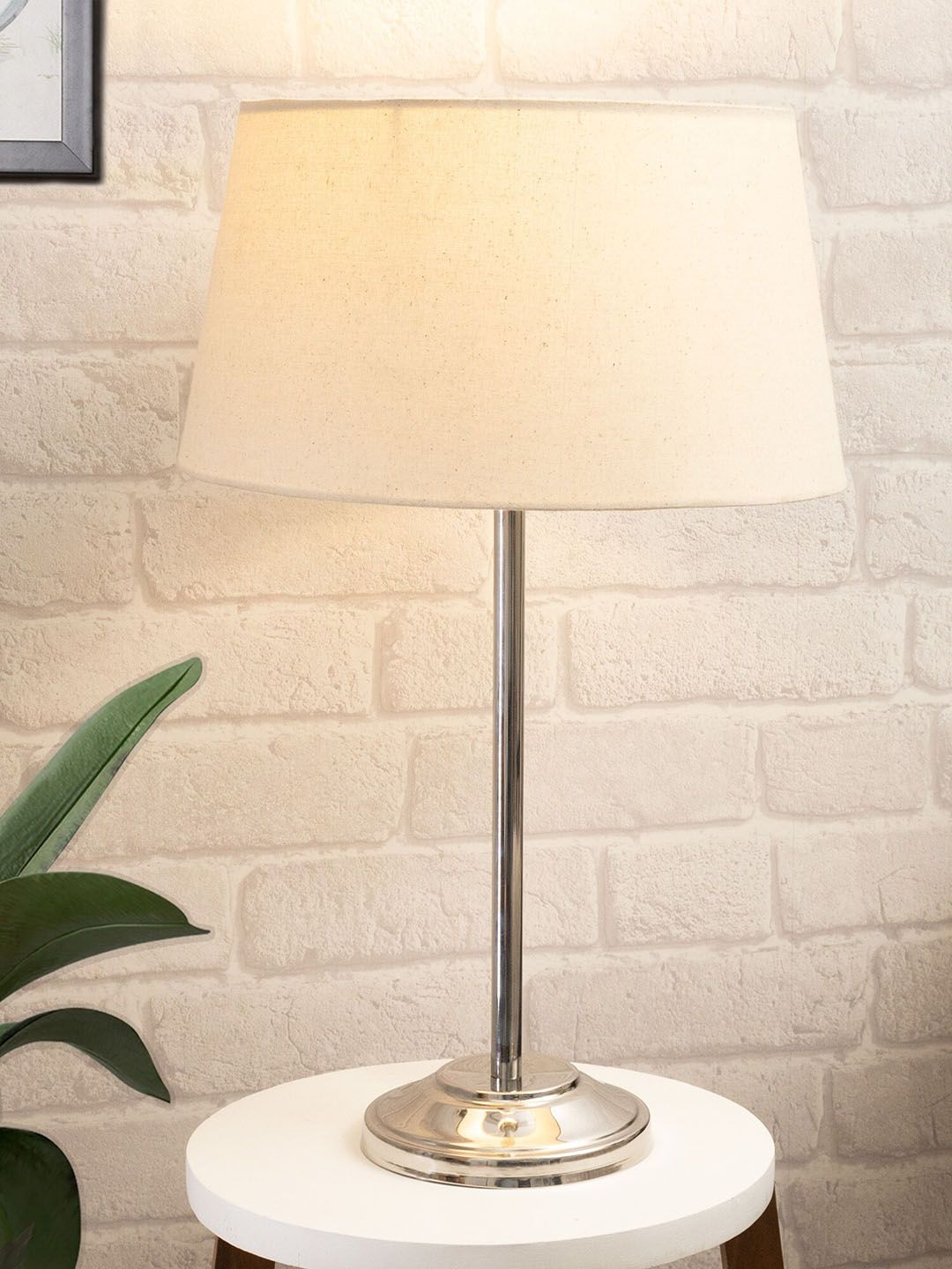 Homesake Beige & Steel Solid Table Lamp with Fabric Shade Price in India