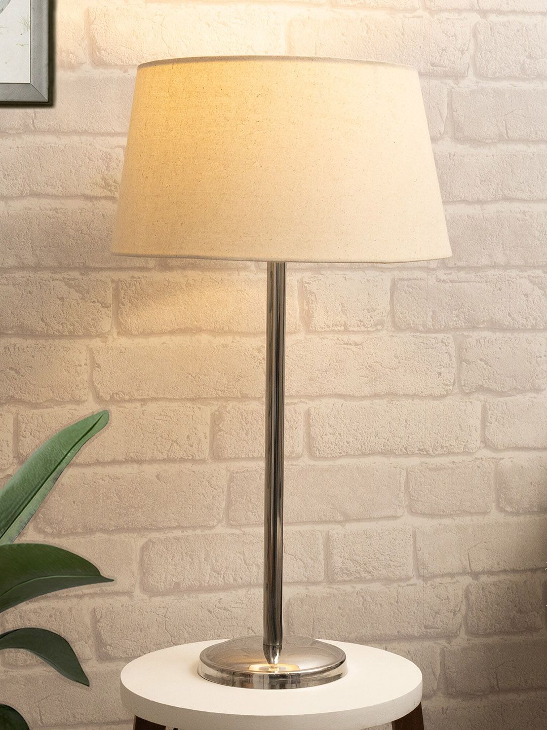 Homesake Beige & Silver-Toned Solid Table Lamp With Fabric Shade Price in India