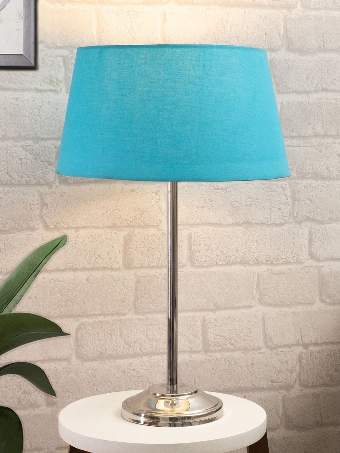 Homesake Turquoise-Blue & Silver-Toned Solid Basic Table Lamp with Fabric Shade Price in India
