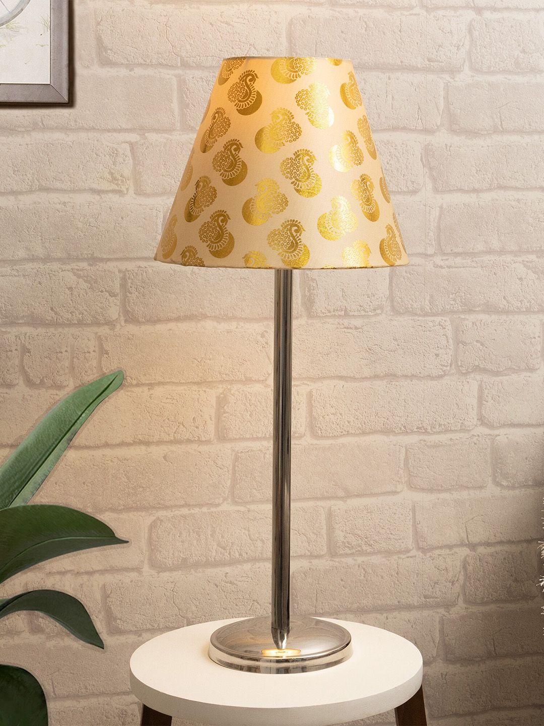 Homesake Steel & Gold Printed Table Lamp with Fabric Shade Price in India