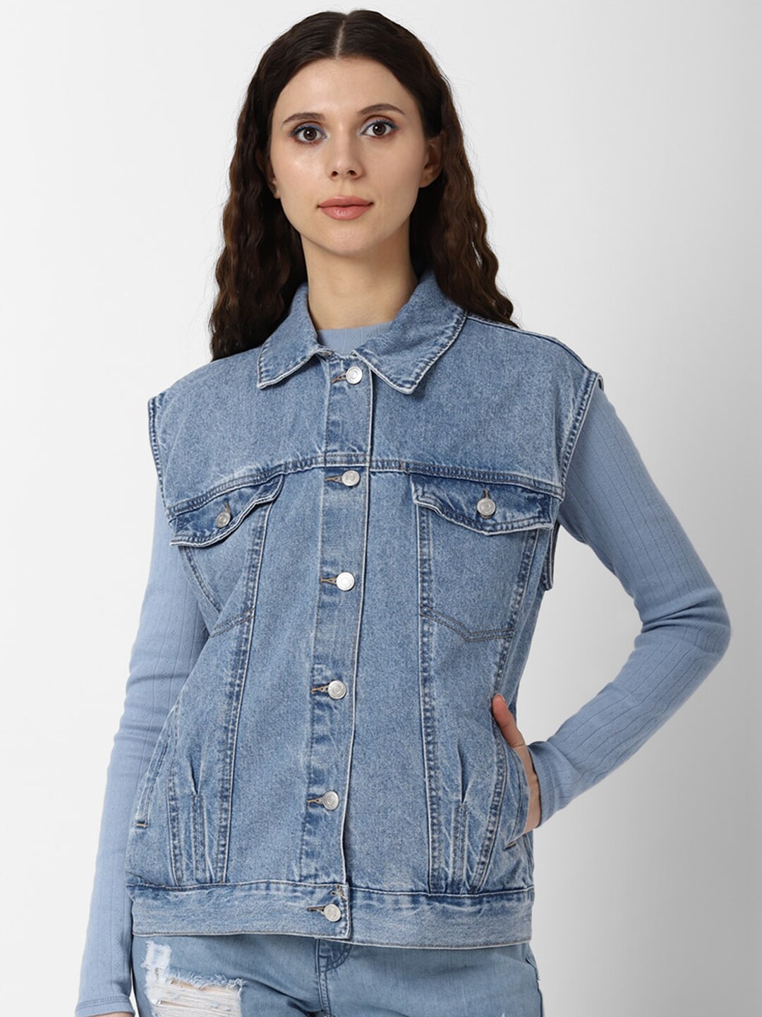 FOREVER 21 Women Blue Washed Denim Jacket Price in India