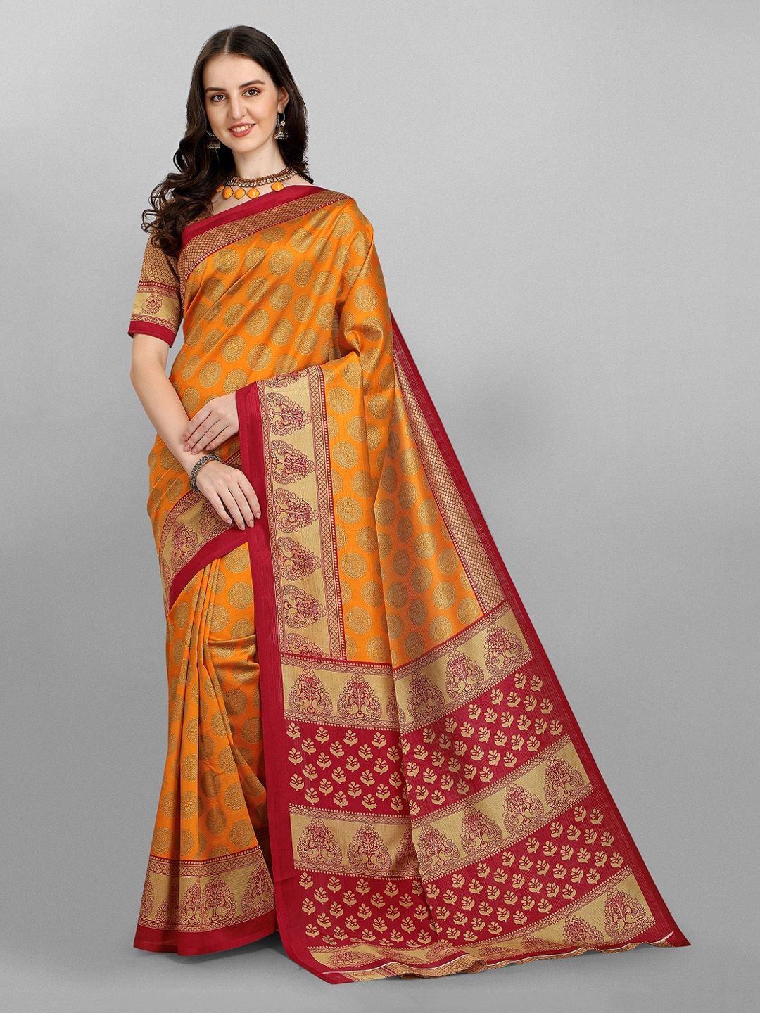 Fashion Basket Orange & Red Floral Printed Saree