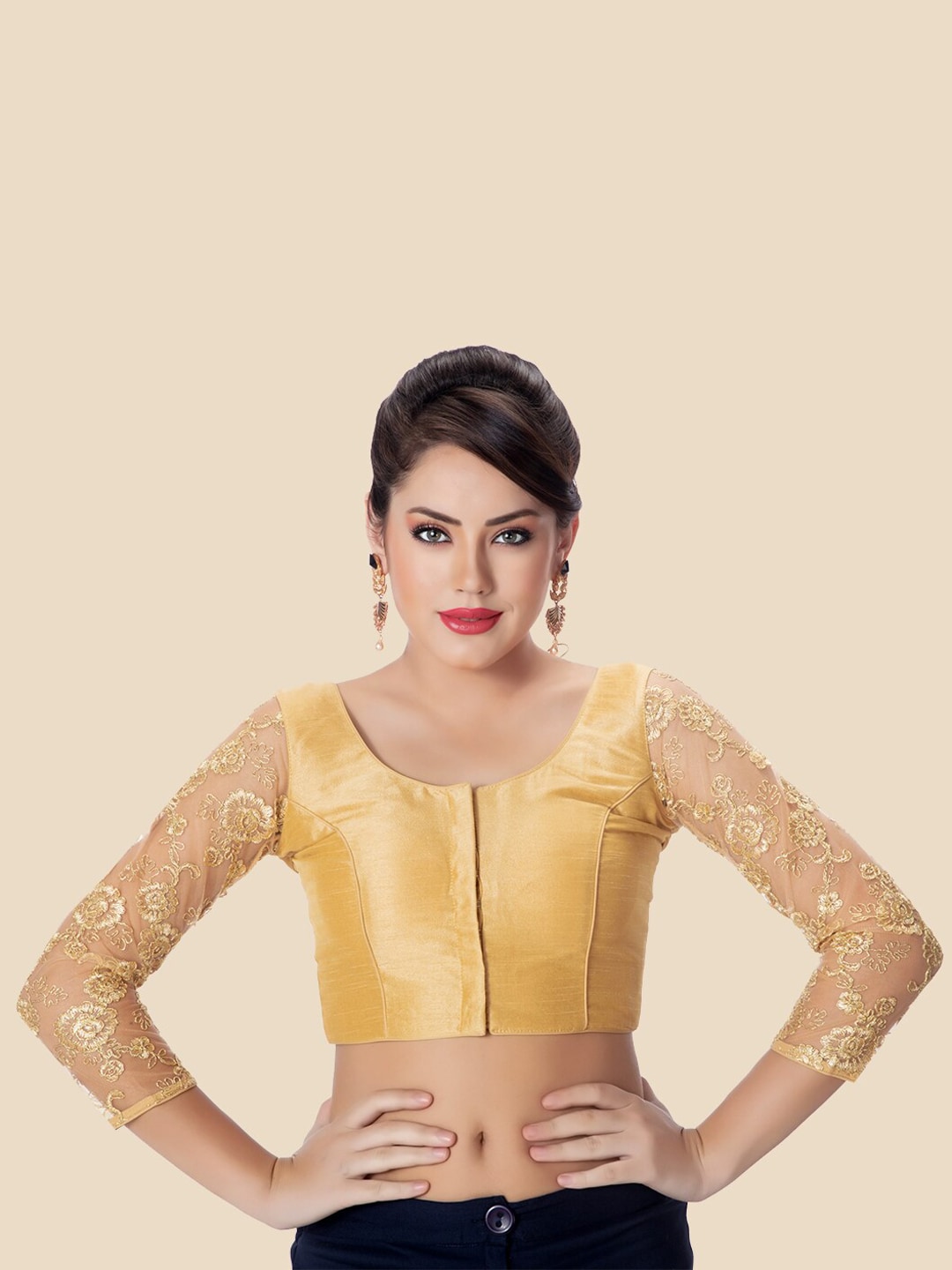 neckbook Gold-Coloured Embroidered Padded Readymade Saree Blouse Price in India