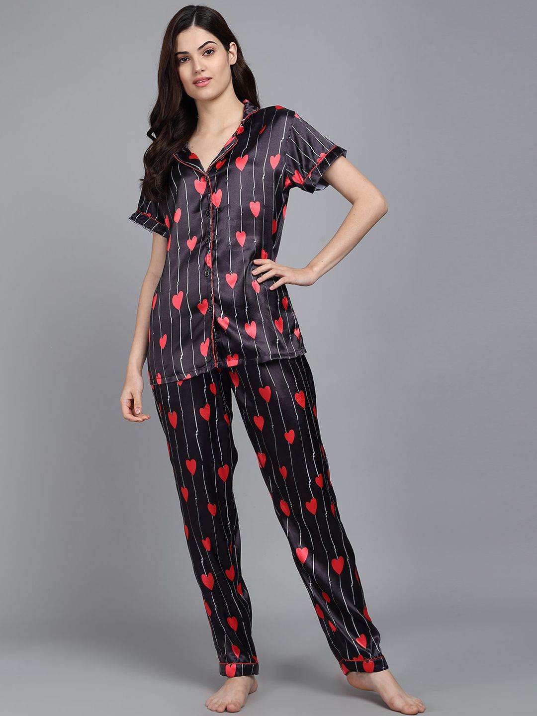 SEPHANI Women Black & Red Satin Printed Night suit Price in India