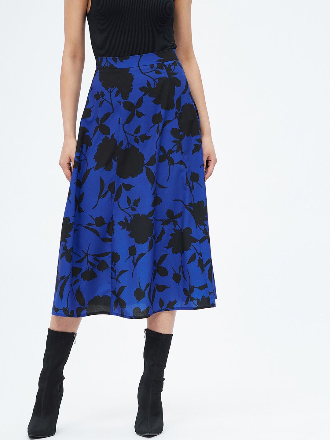 Harpa Women Blue & Black Printed A-Line Midi Skirt