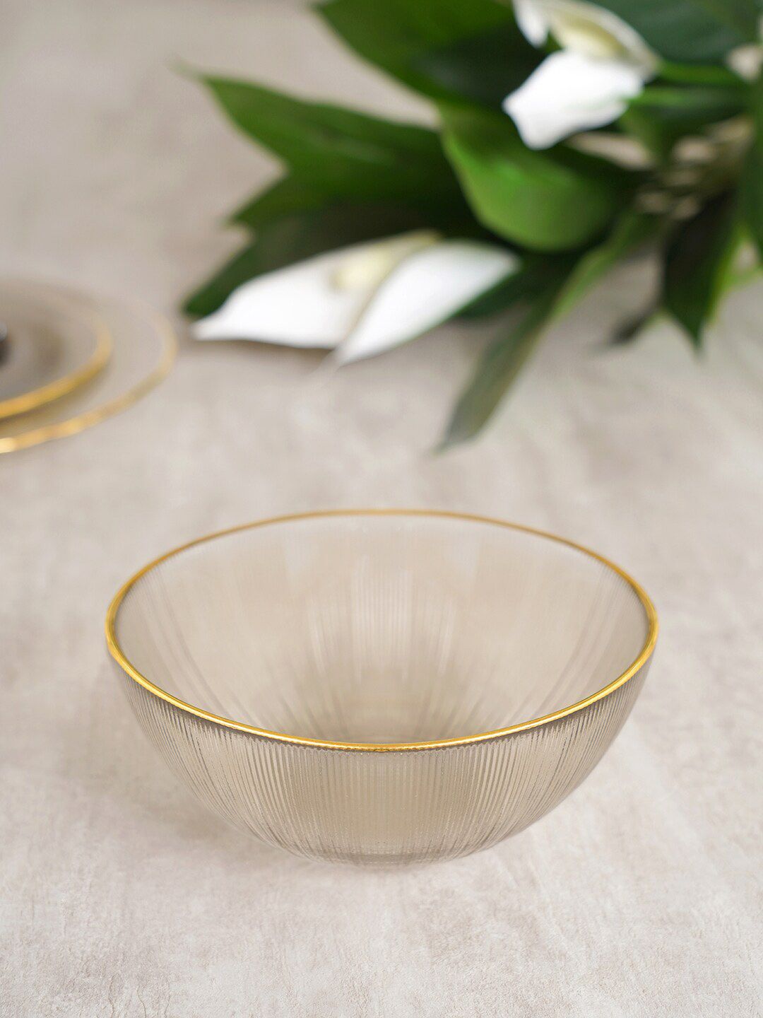 Pure Home and Living Transparent & Gold-Toned Textured Glass Serving Bowl Price in India