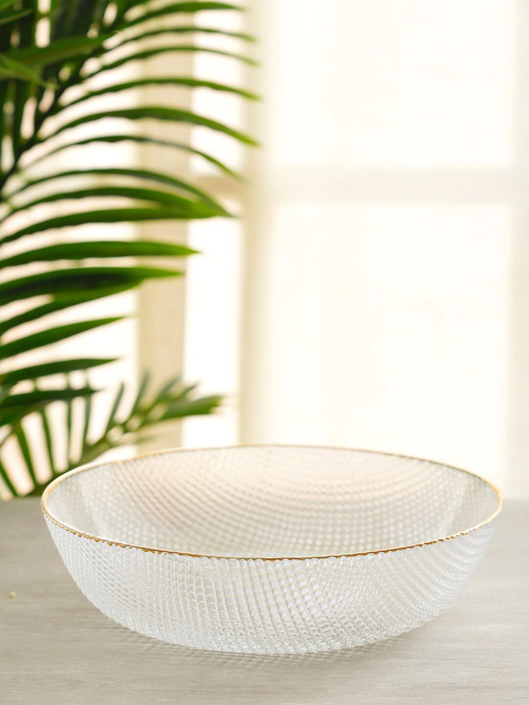 Pure Home and Living Transparent & Gold-Toned Textured Glass Serving Bowl Price in India