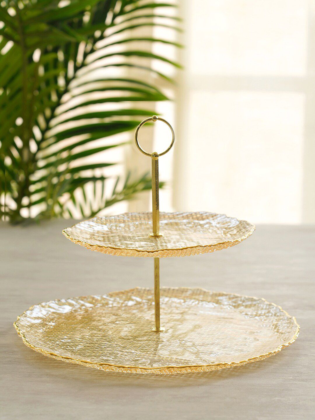 Pure Home and Living Beige & Gold-Toned Textured Glass Cake Stand Price in India