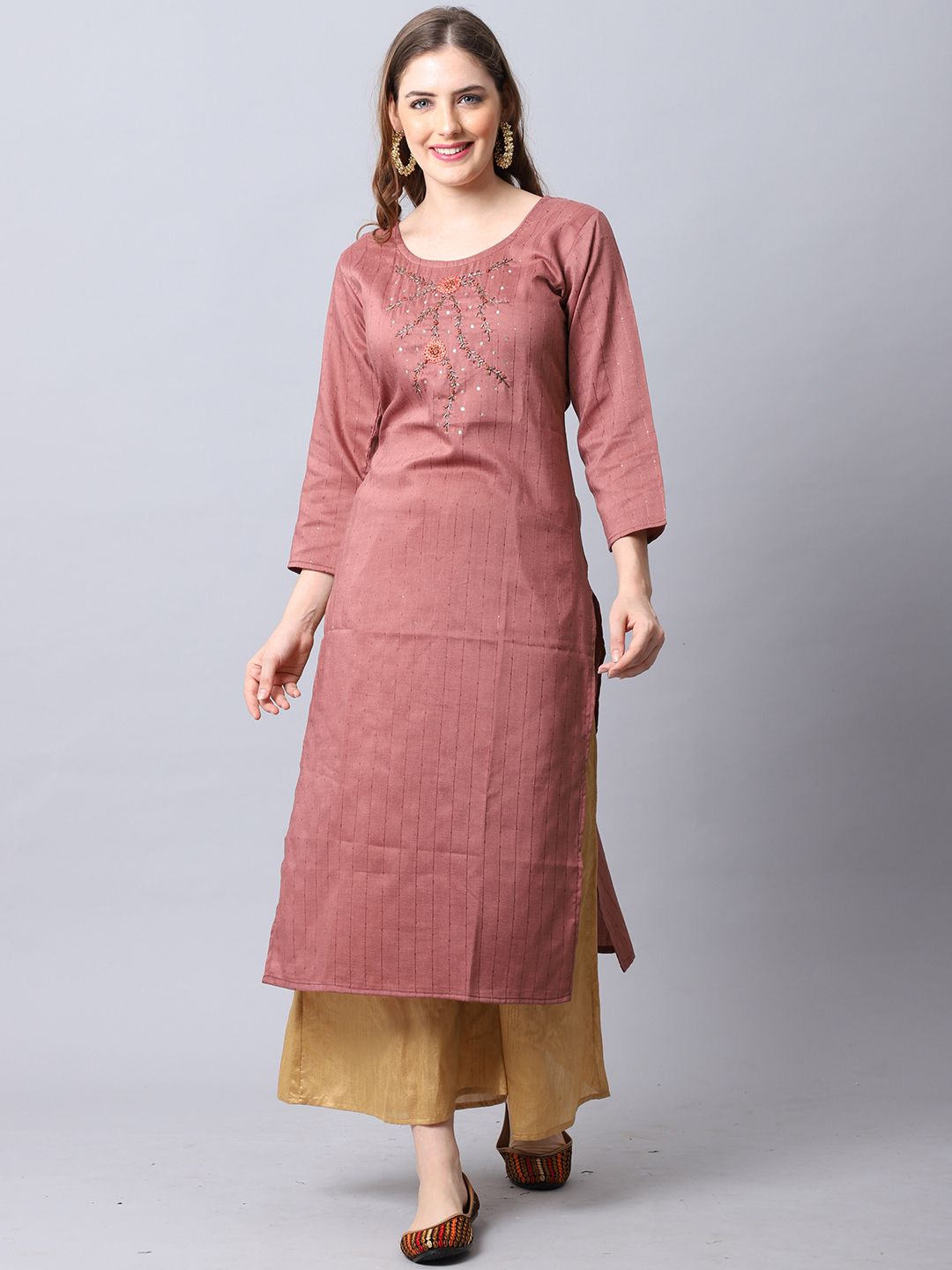 Rajnandini Women Brown Embroidered Thread Work Kurta Price in India