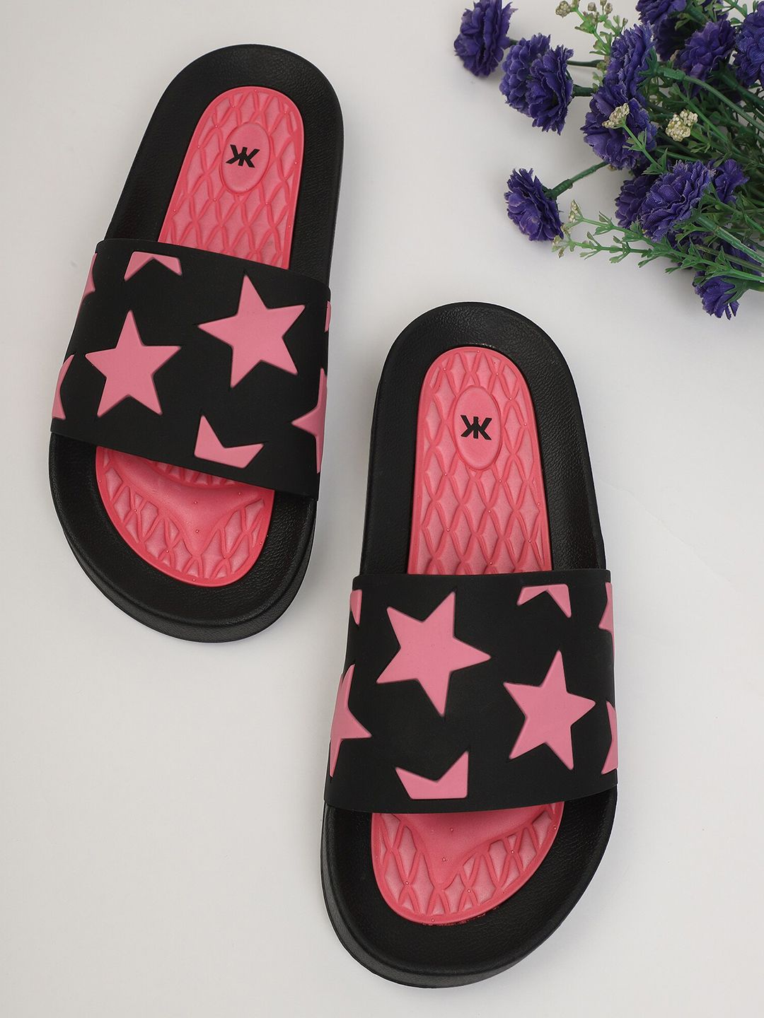 Kook N Keech Women Black & Pink Printed Sliders Price in India
