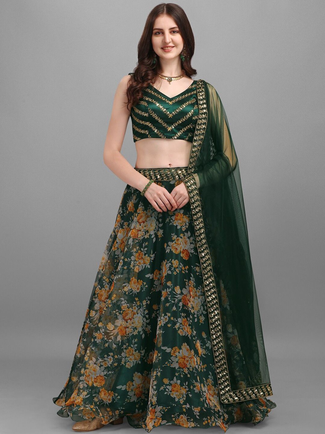 YOYO Fashion Women Green & Orange Semi-Stitched Lehenga & Unstitched Blouse With Dupatta Price in India