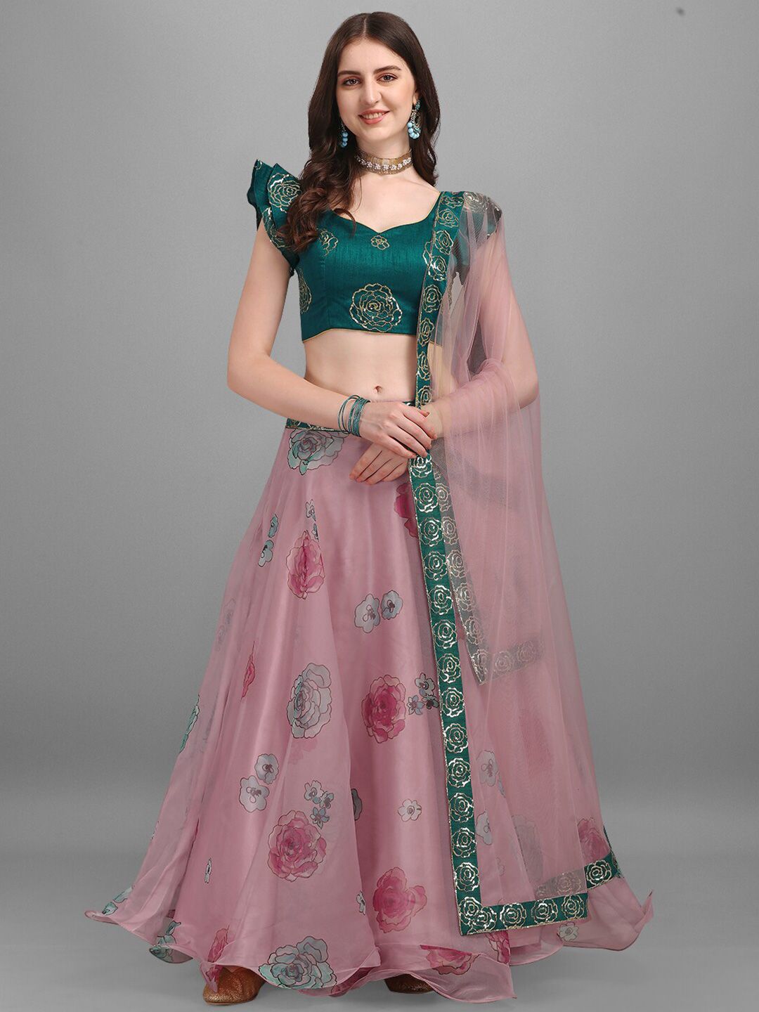 YOYO Fashion Pink & Red Printed Semi-Stitched Lehenga & Unstitched Blouse With Dupatta Price in India