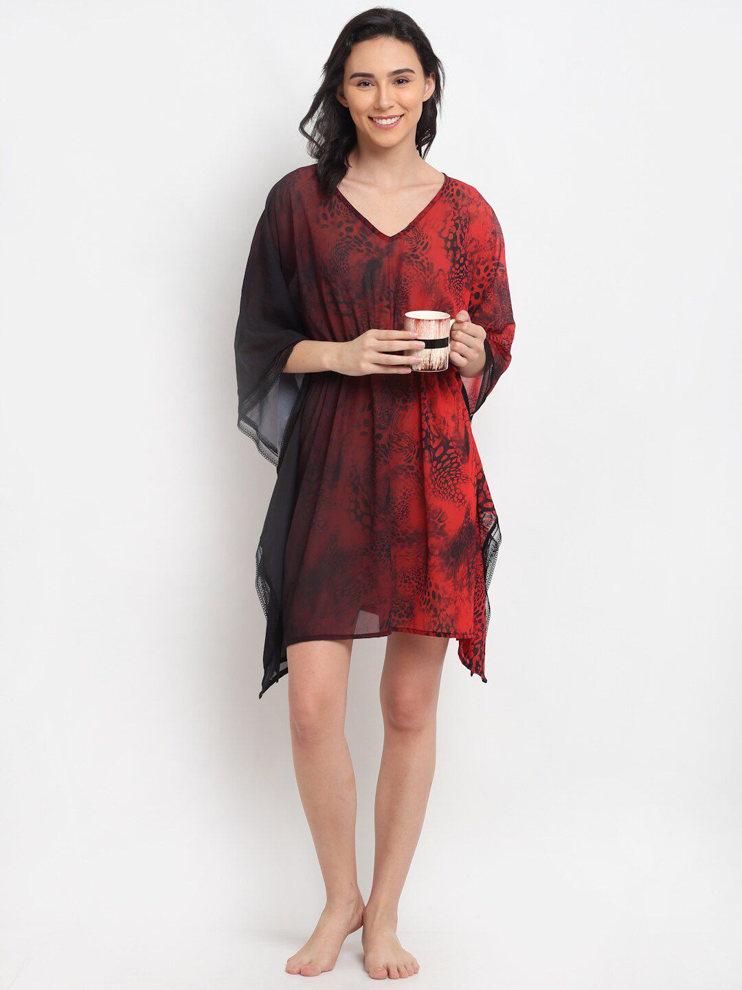 EROTISSCH Women Red & Black Printed Beachwear Cover-up Kaftan Price in India