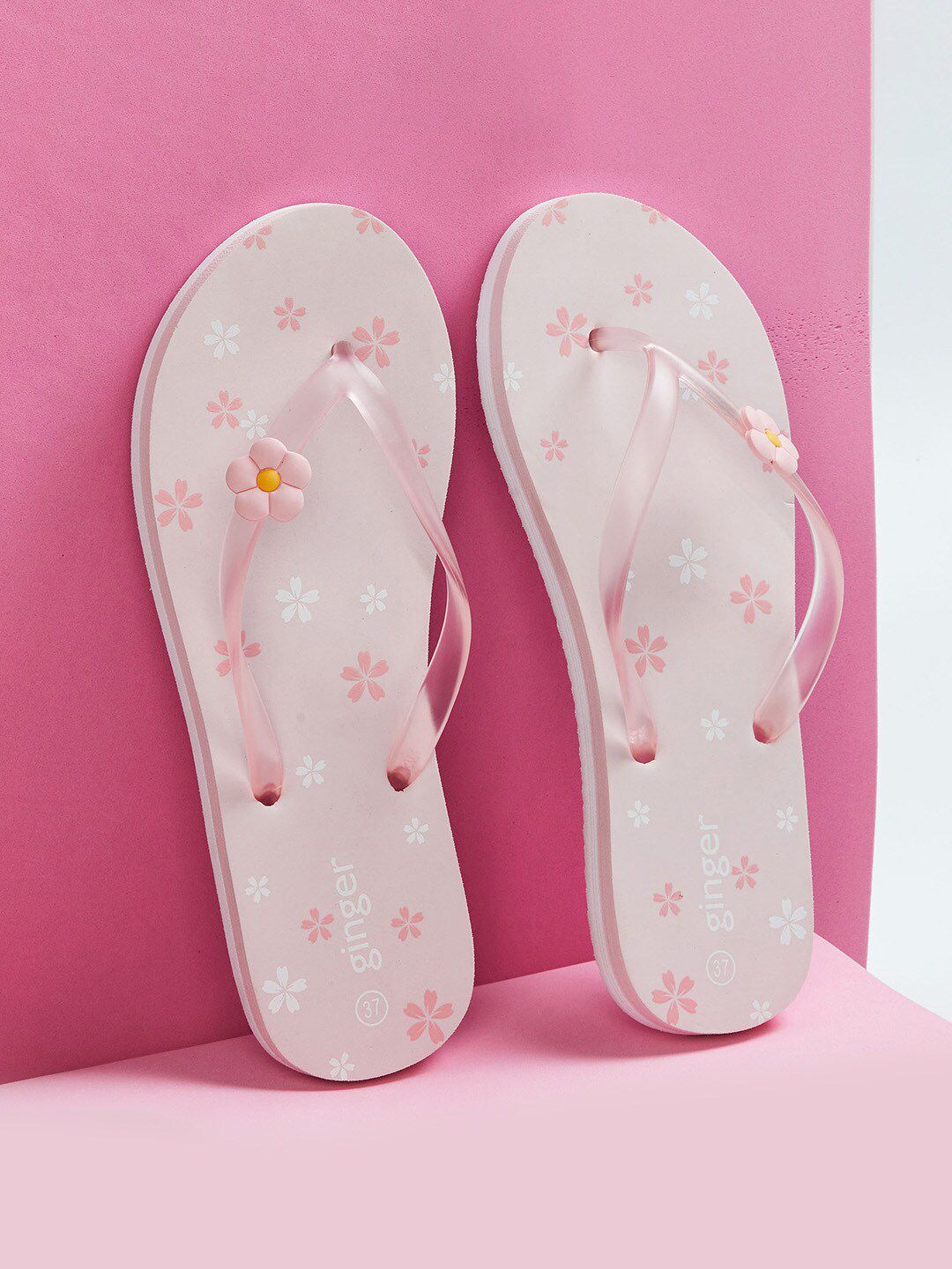 Ginger by Lifestyle Women Pink & White Printed Rubber Thong Flip-Flops Price in India