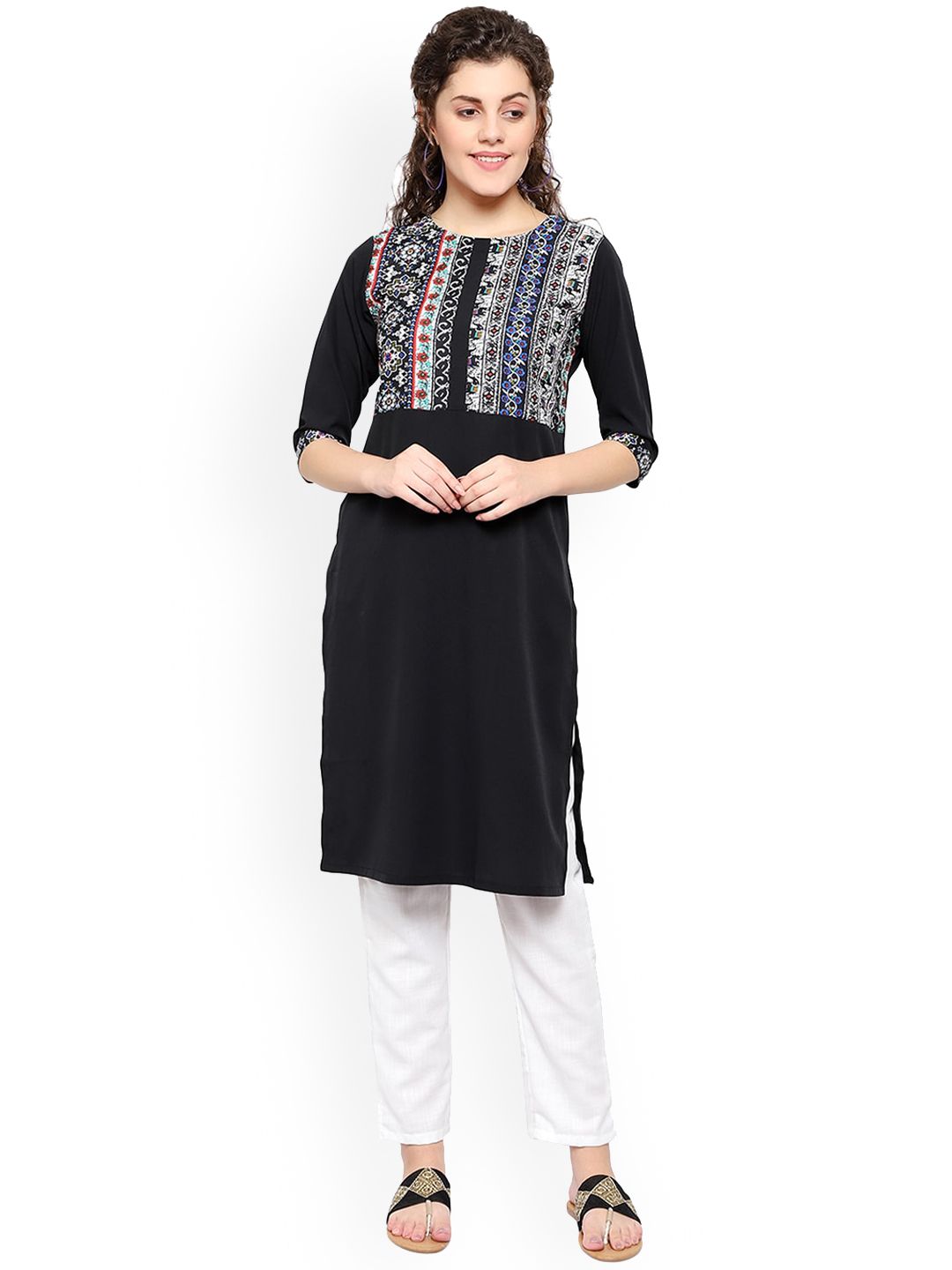 KALINI Women Black Ethnic Motifs Yoke Design Thread Work Crepe Kurta Price in India