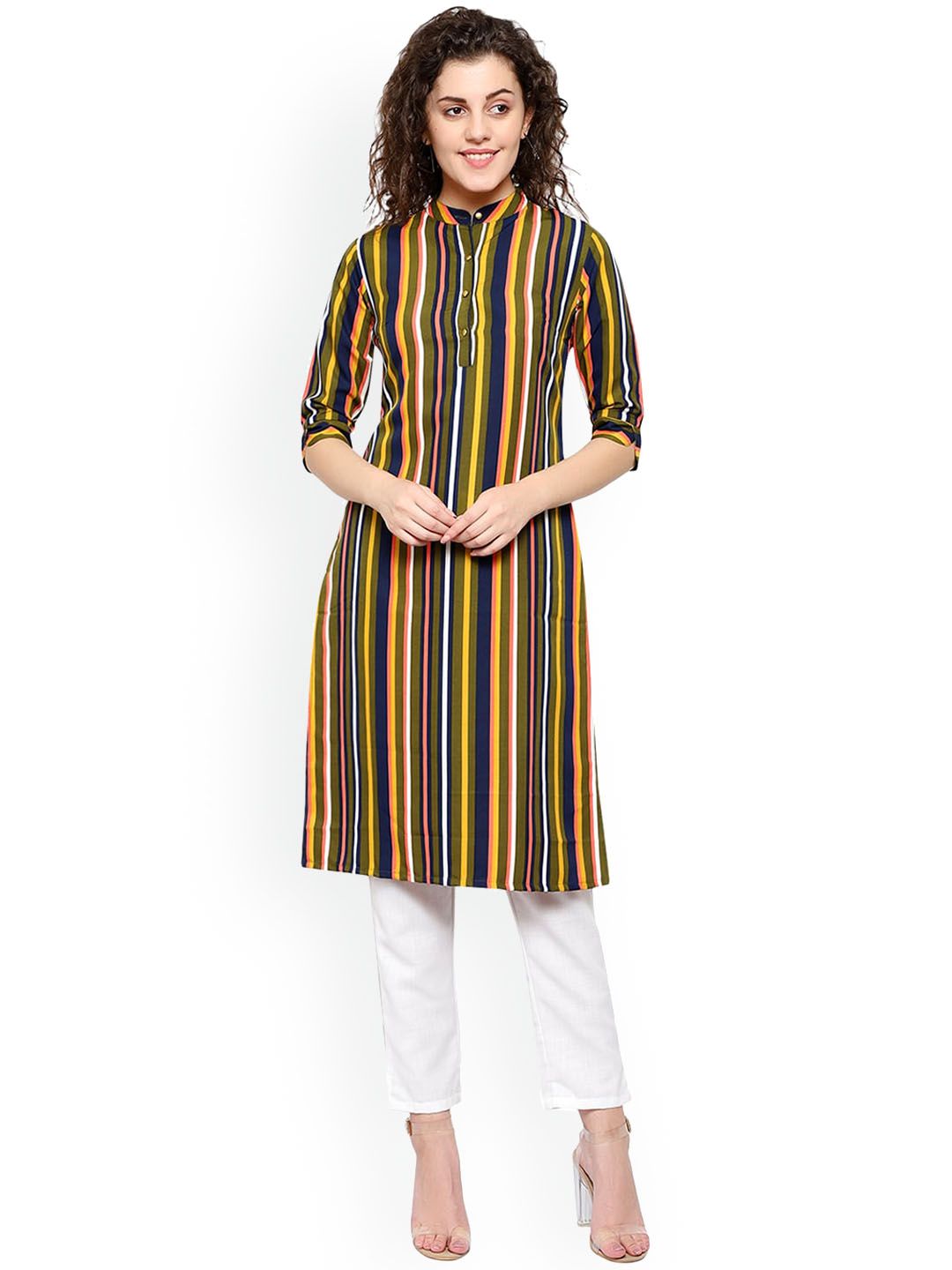 KALINI Women Multicoloured Striped Thread Work Crepe Pathani Kurta Price in India