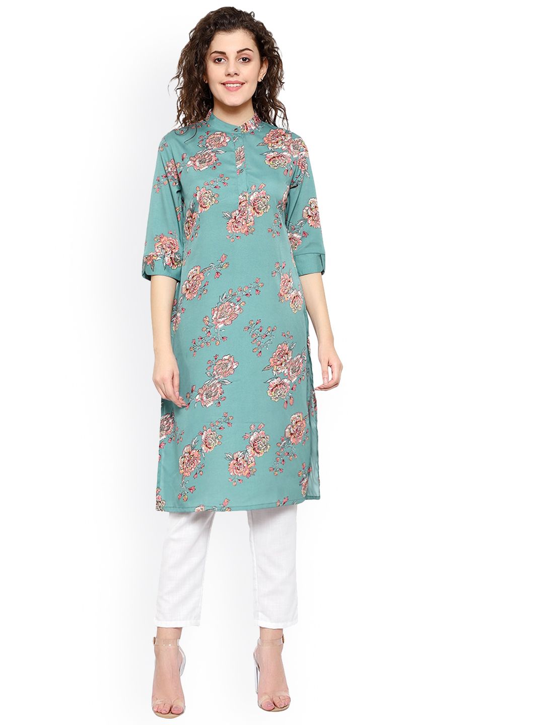 KALINI Women Green Floral Printed Thread Work Crepe Kurta Price in India