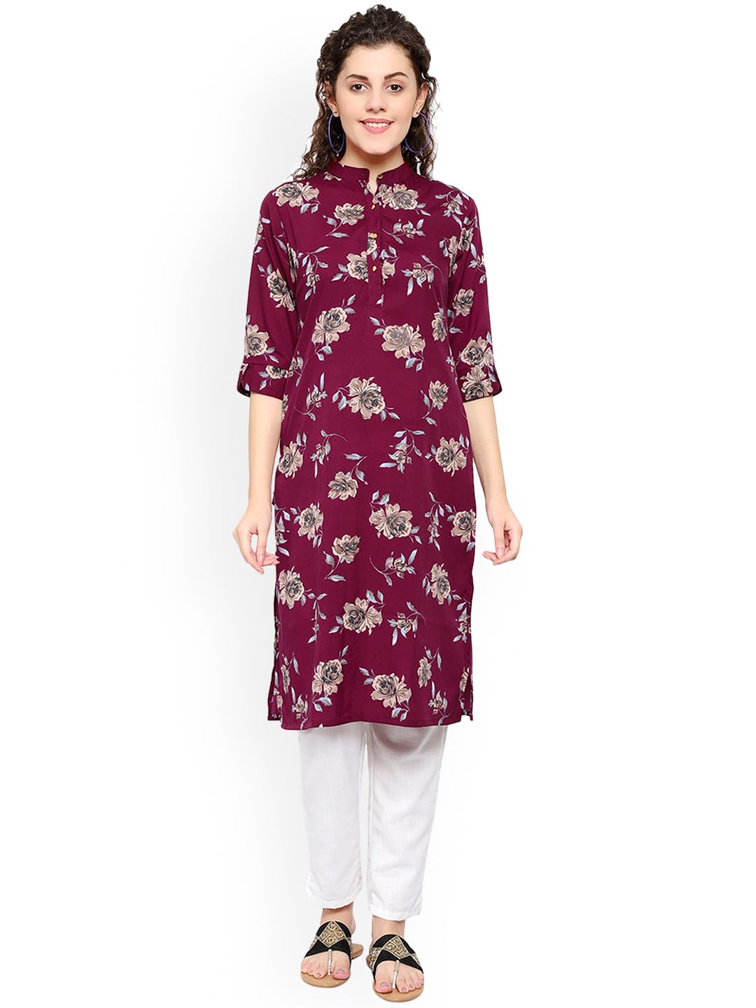 KALINI Women Maroon Floral Embroidered Thread Work Crepe Kurta Price in India