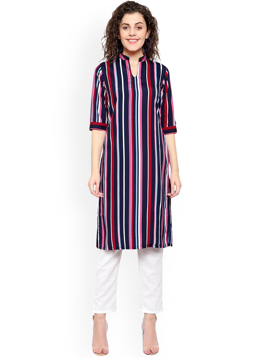 KALINI Women Multicoloured Striped Patchwork Crepe Pathani Kurta Price in India