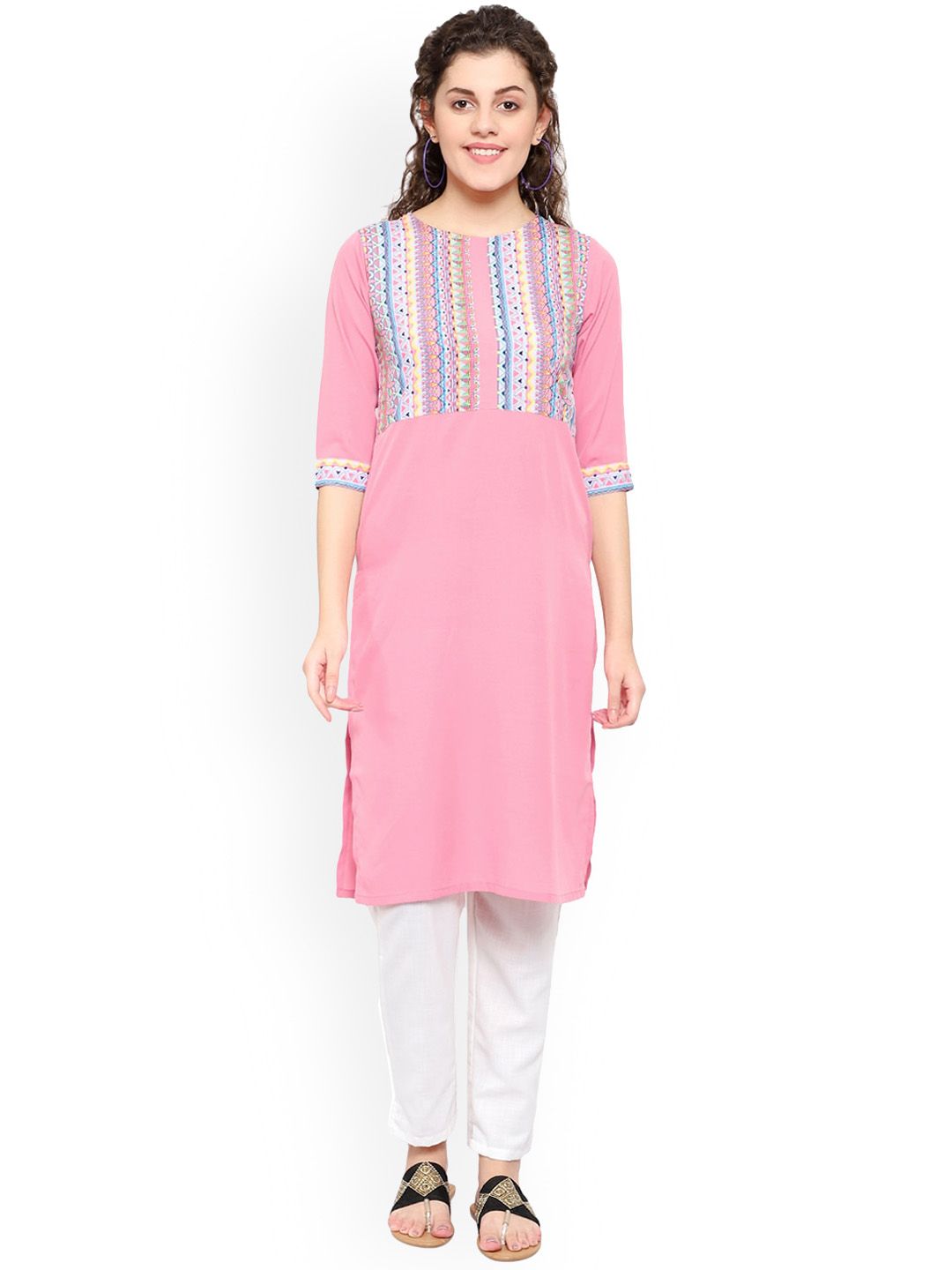 KALINI Women Pink Geometric Striped Thread Work Crepe Kurta Price in India