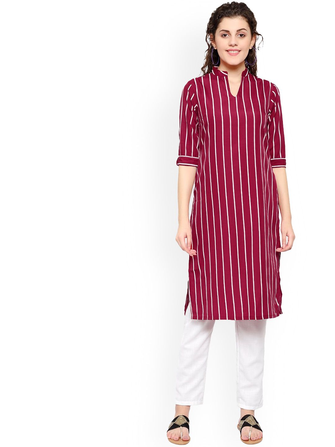 KALINI Women Maroon Striped Keyhole Neck Thread Work Crepe Pathani Kurta Price in India