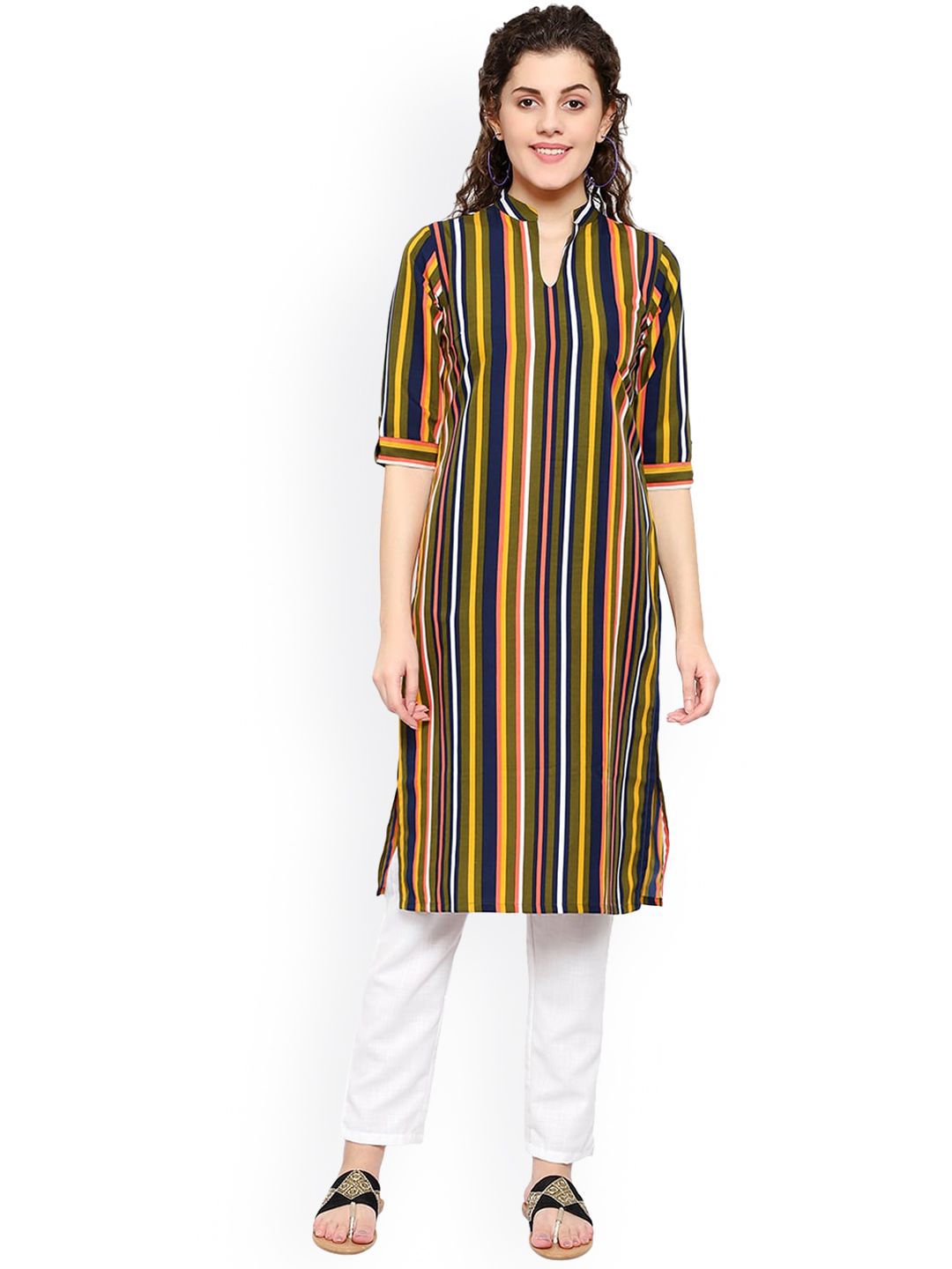 KALINI Women Multicoloured Striped Thread Work Crepe Kurta Price in India