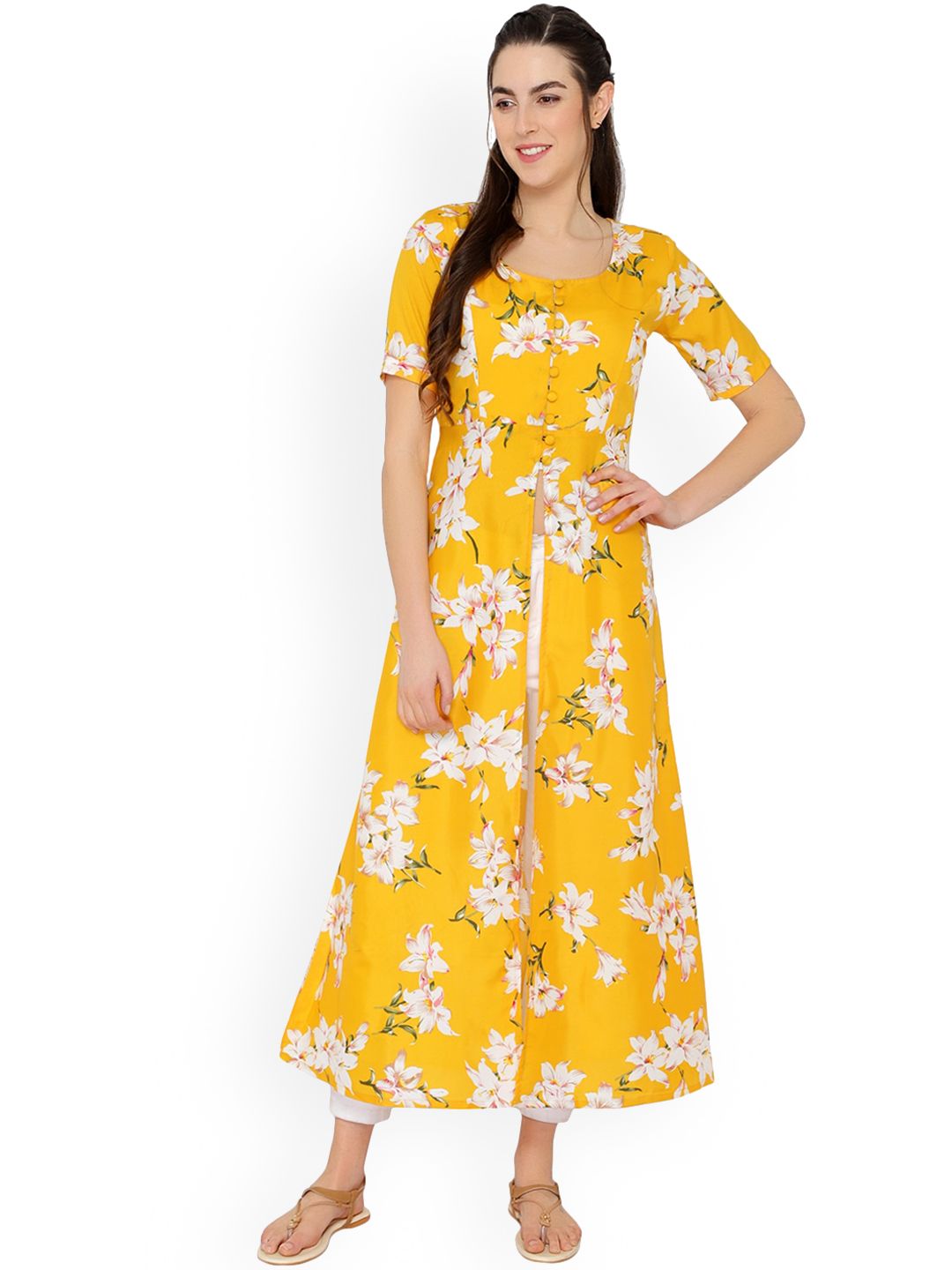 KALINI Women Yellow Floral Dyed Flared Sleeves Thread Work Crepe Kurta Price in India