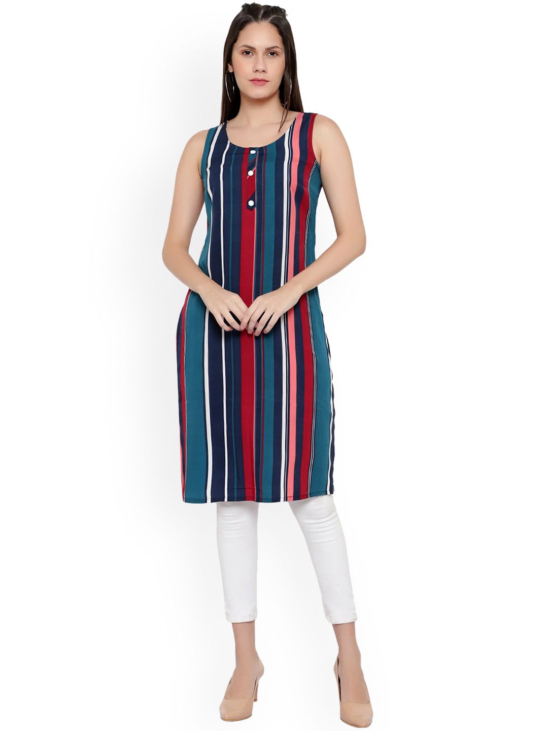 KALINI Women Multicoloured Striped Thread Work Crepe Kurta Price in India