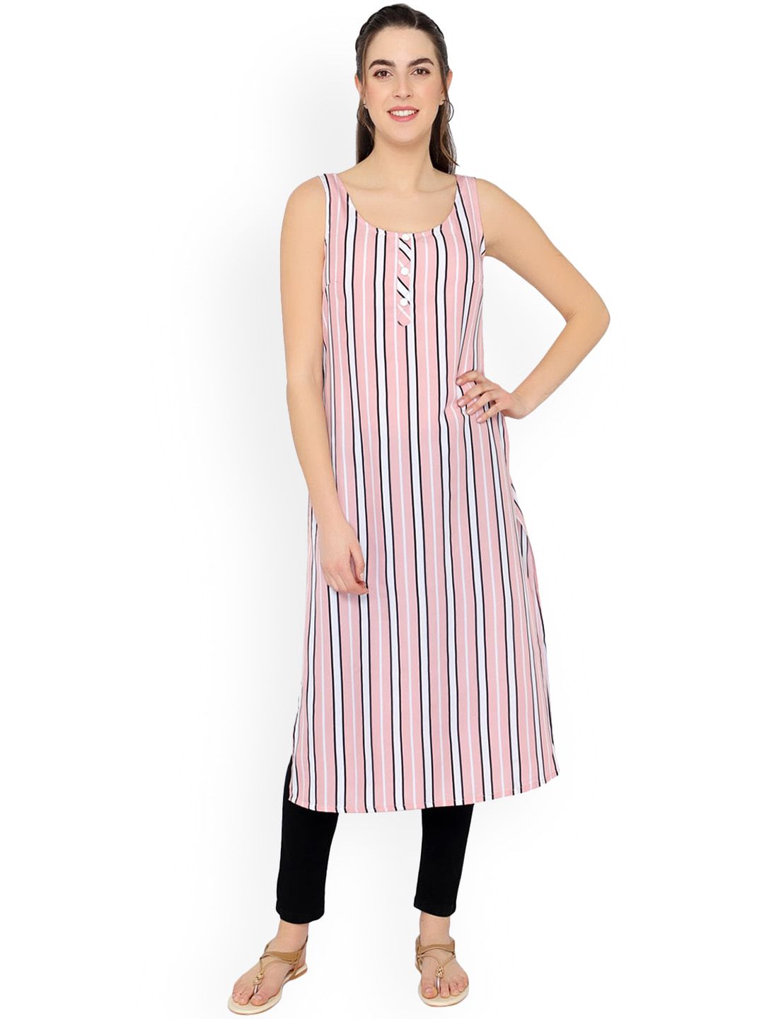 KALINI Women Pink Striped Thread Work Crepe Kurta Price in India