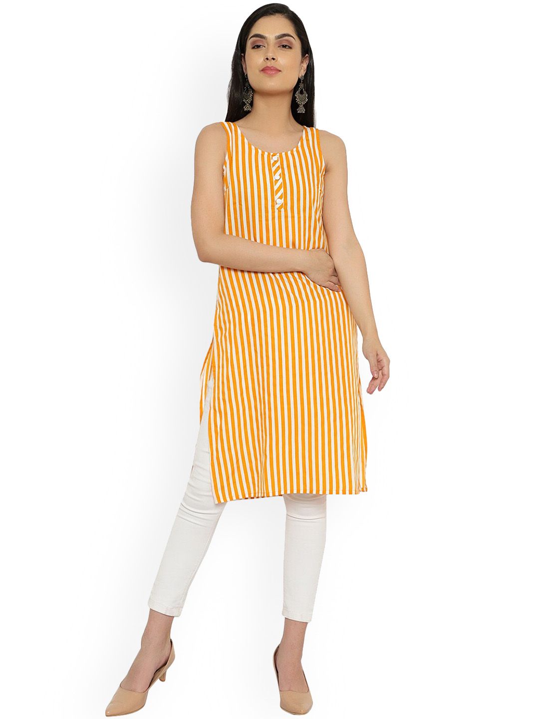 KALINI Women Yellow Striped Crepe Kurta Price in India