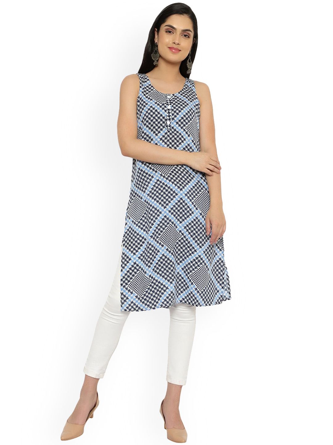 KALINI Women Blue Geometric Checked Crepe Kurta Price in India