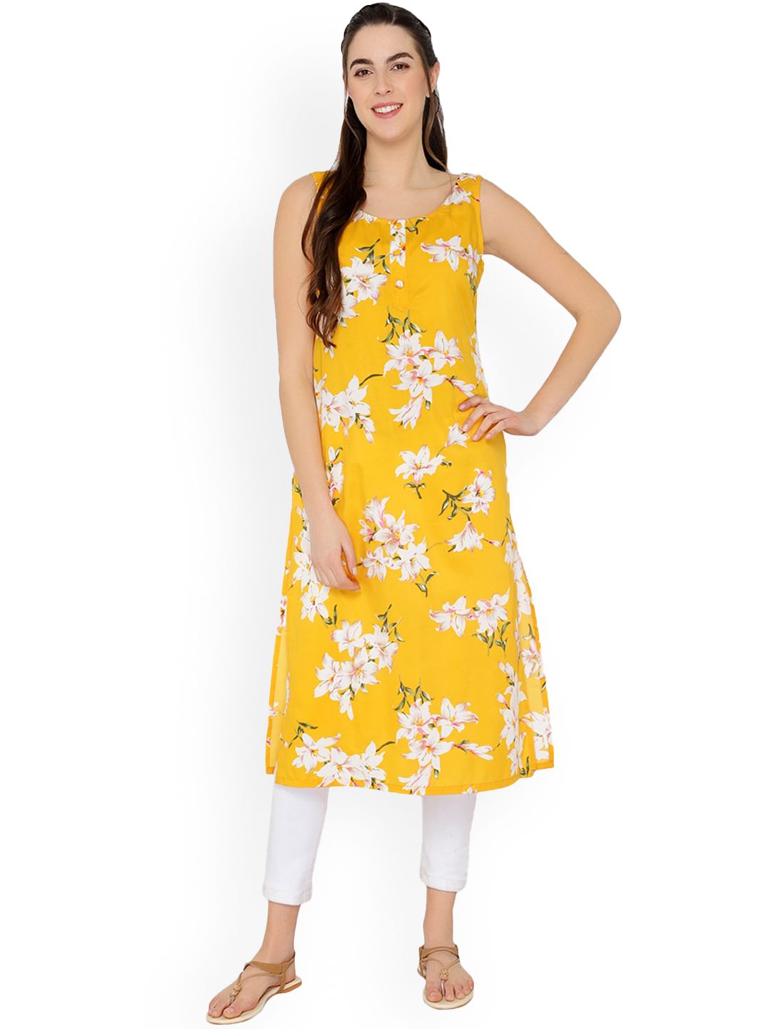 KALINI Women Yellow Floral Printed Crepe Kurta Price in India