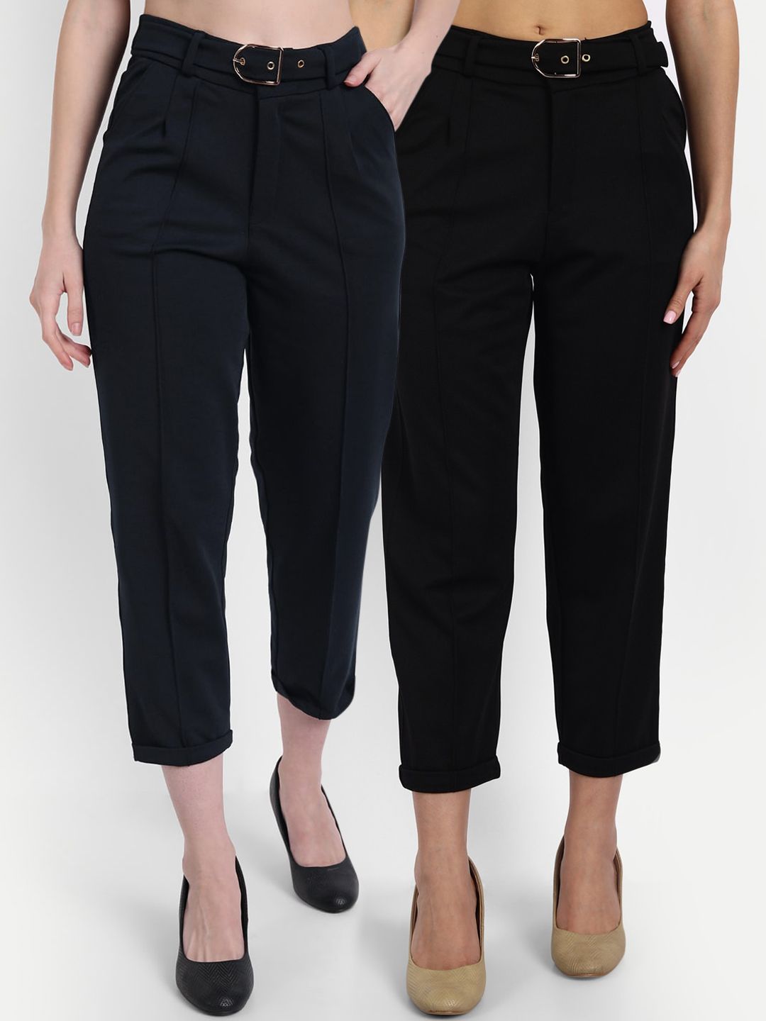 BROADSTAR Women Pack Of 2 Black Straight Fit High-Rise Trousers Price in India