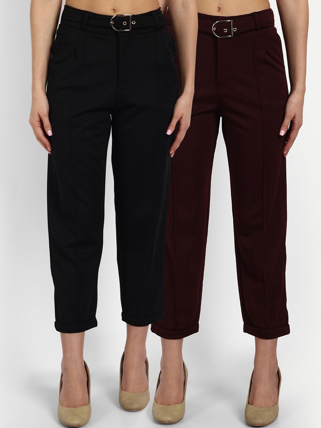 Next One Women Black Pack Of 2 Straight Fit High-Rise Non Iron Trousers Price in India