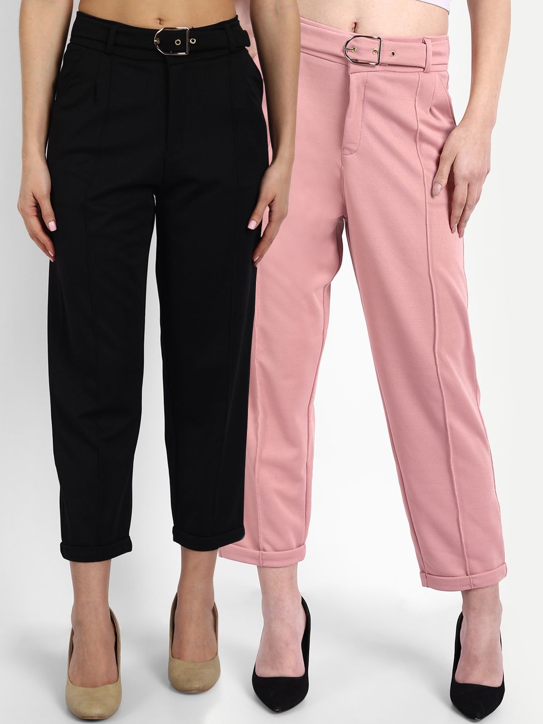 Next One Pack Of 2 Women Black & Pink Straight Fit High-Rise Non Iron Trousers Price in India