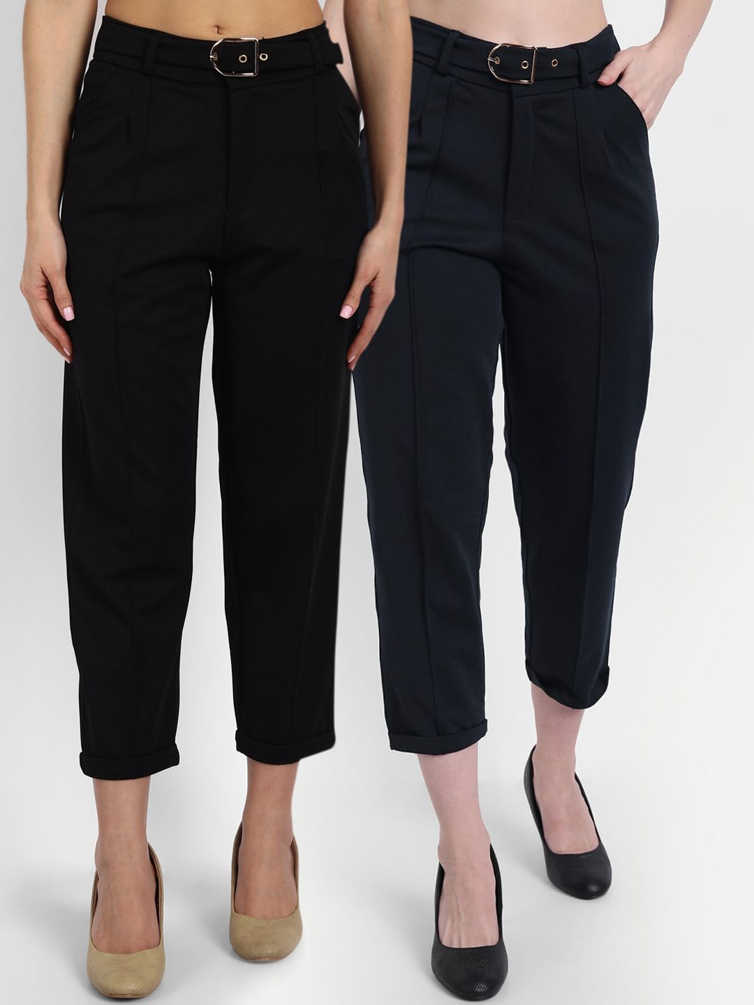 Next One Women Black Pack of 2 Straight Fit High-Rise Non Iron Trousers Price in India