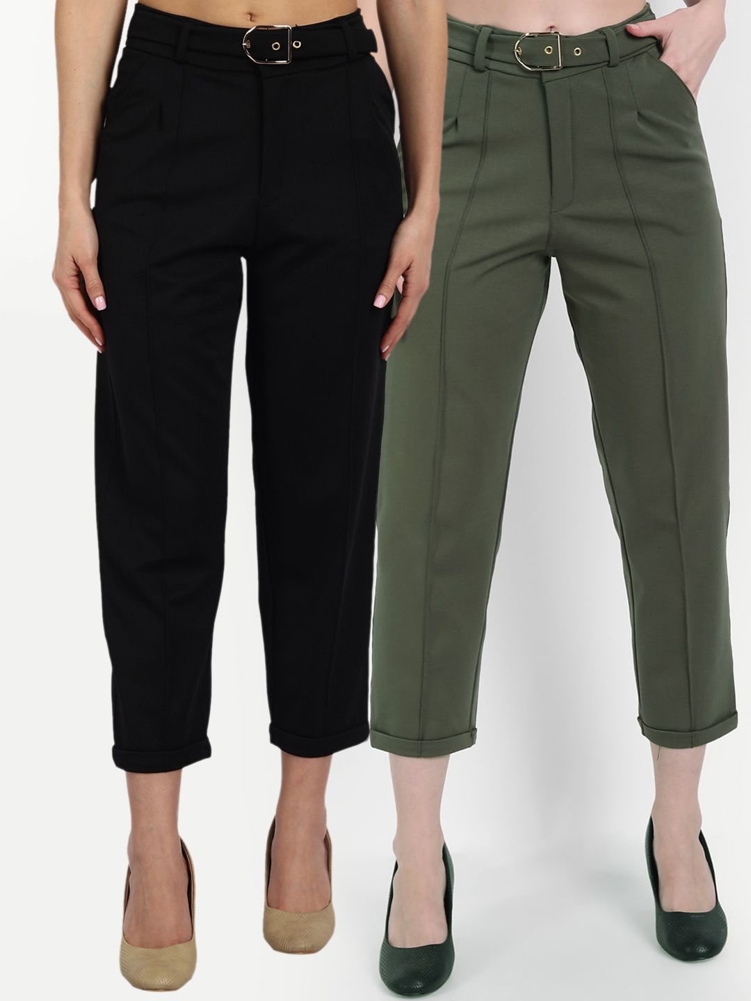 Next One Women Black & Olive Straight Fit High-Rise Trousers Price in India