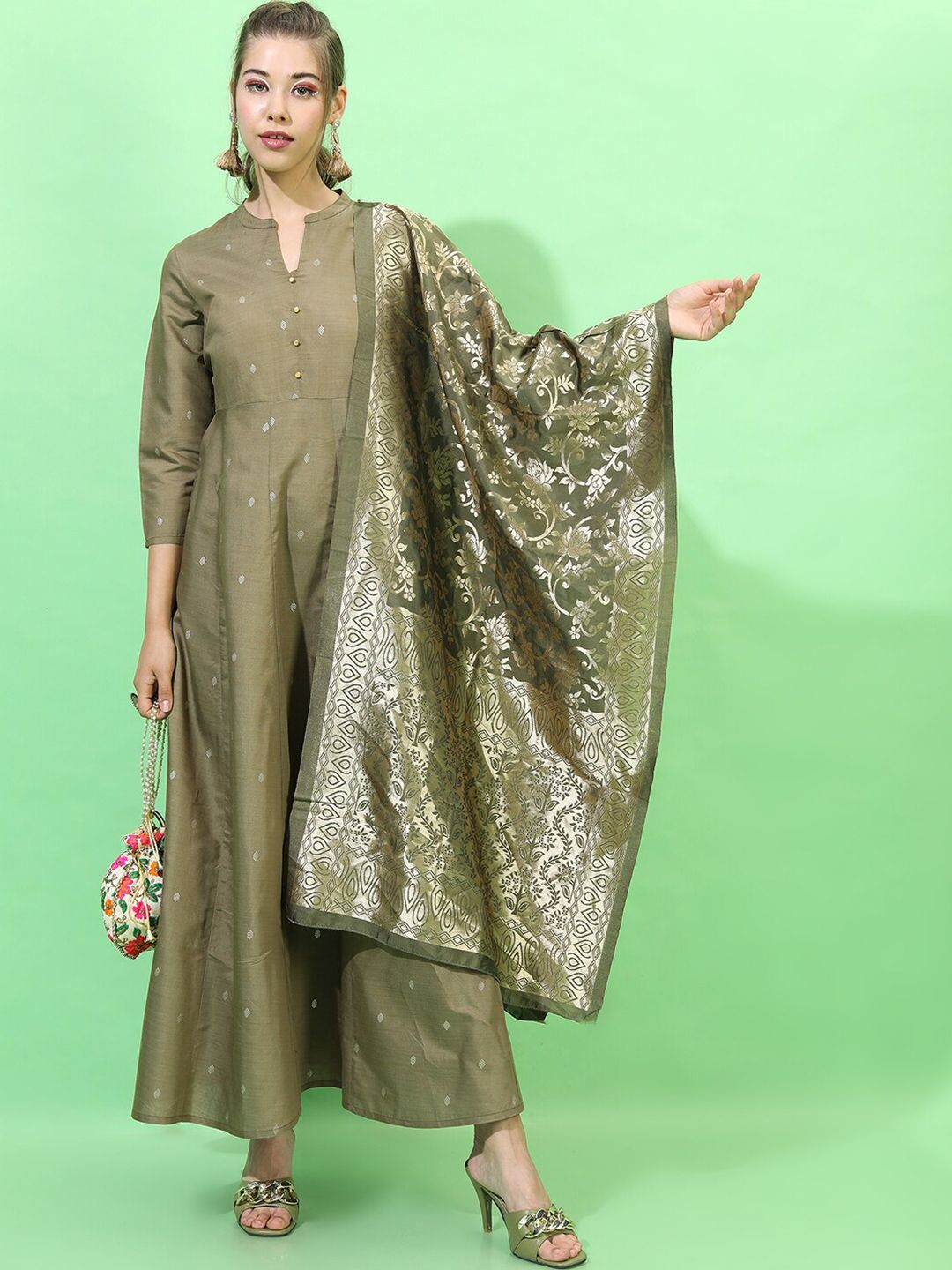Vishudh Green Ethnic Motifs Ethnic A-Line Maxi Dress Price in India
