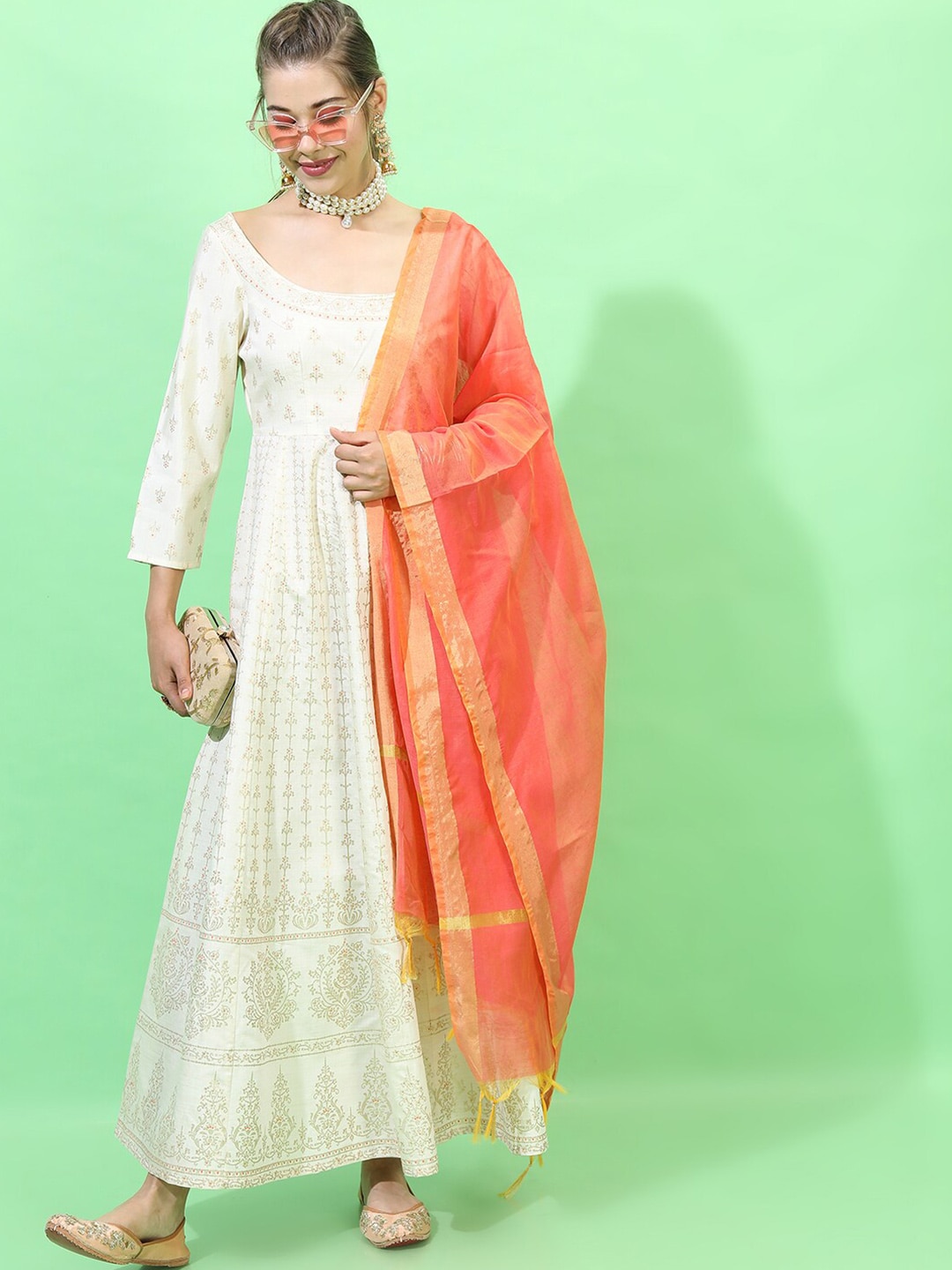 Vishudh Beige Ethnic Motifs Ethnic A-Line Maxi Dress with Dupatta Price in India